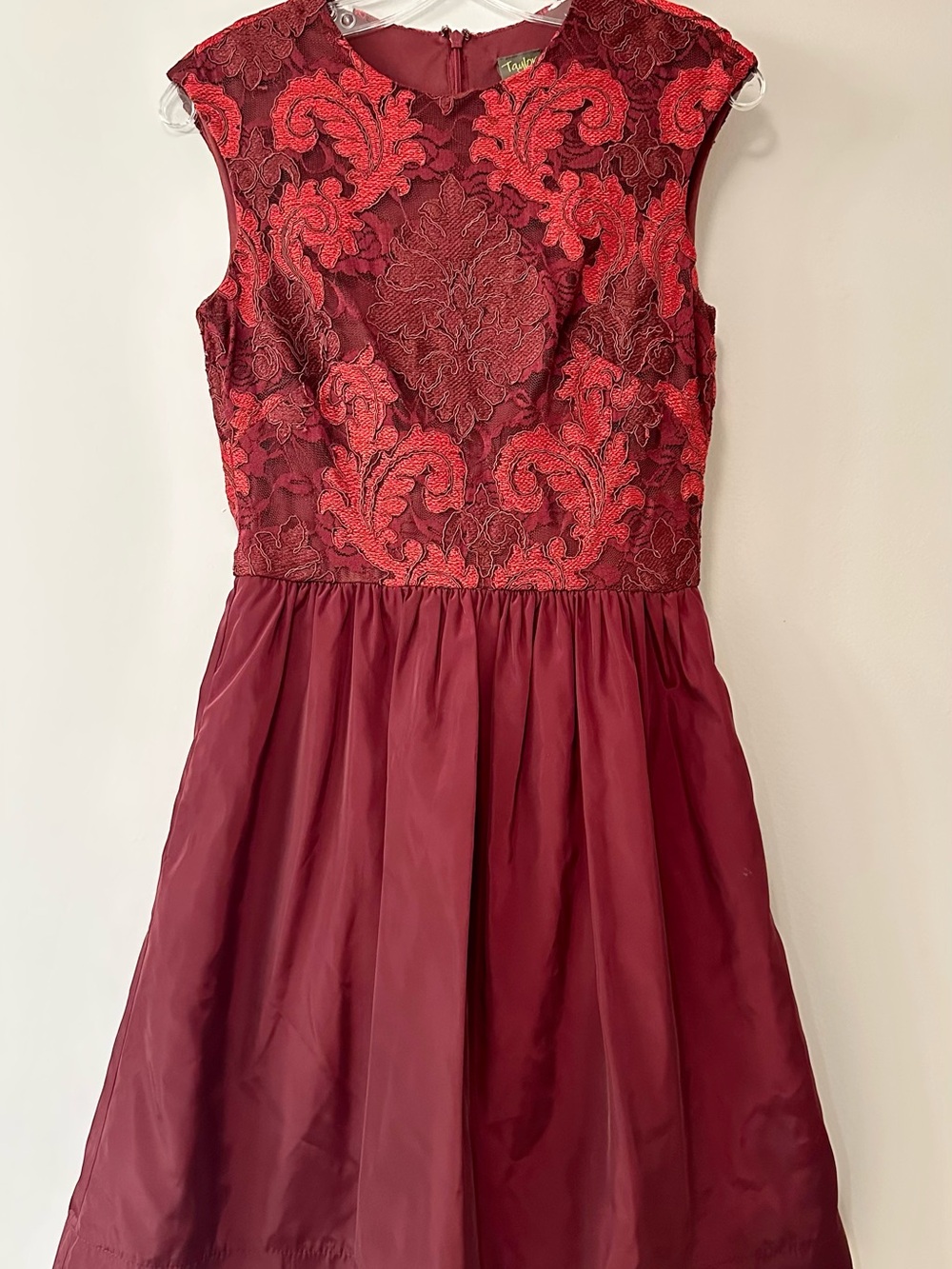 Taylor Burgundy Red Embroidered Lace Bodice Formal Dress